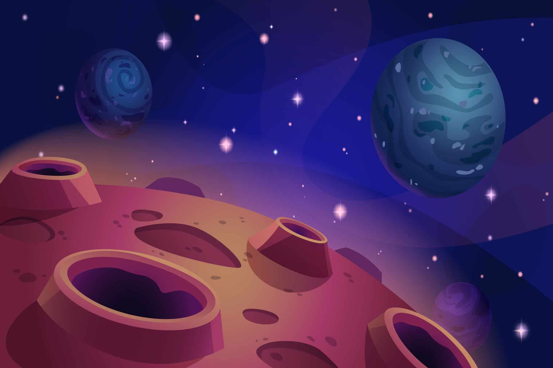 Cartoon image showing a close-up of a red planet and a blue moon