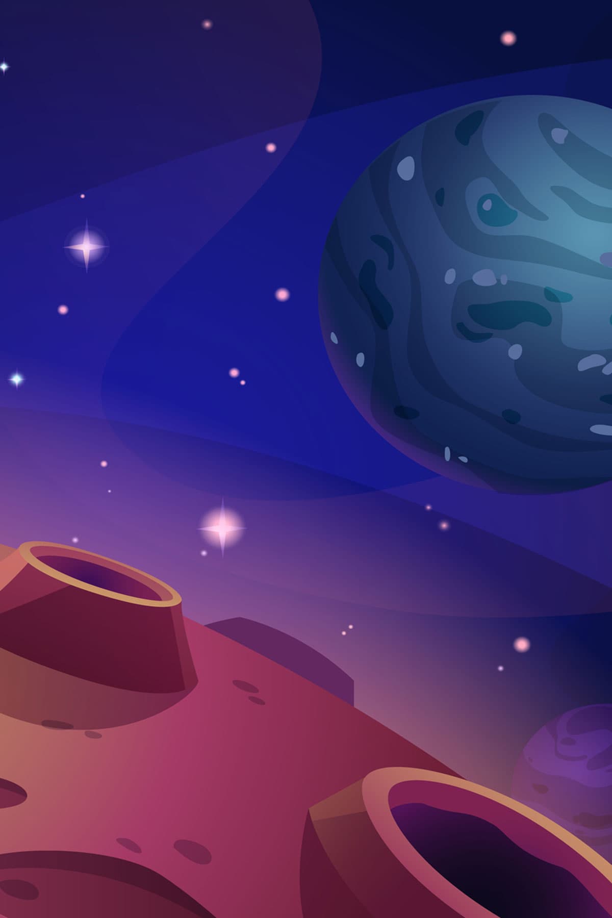 Cartoon image showing a close-up of a red planet and a blue moon