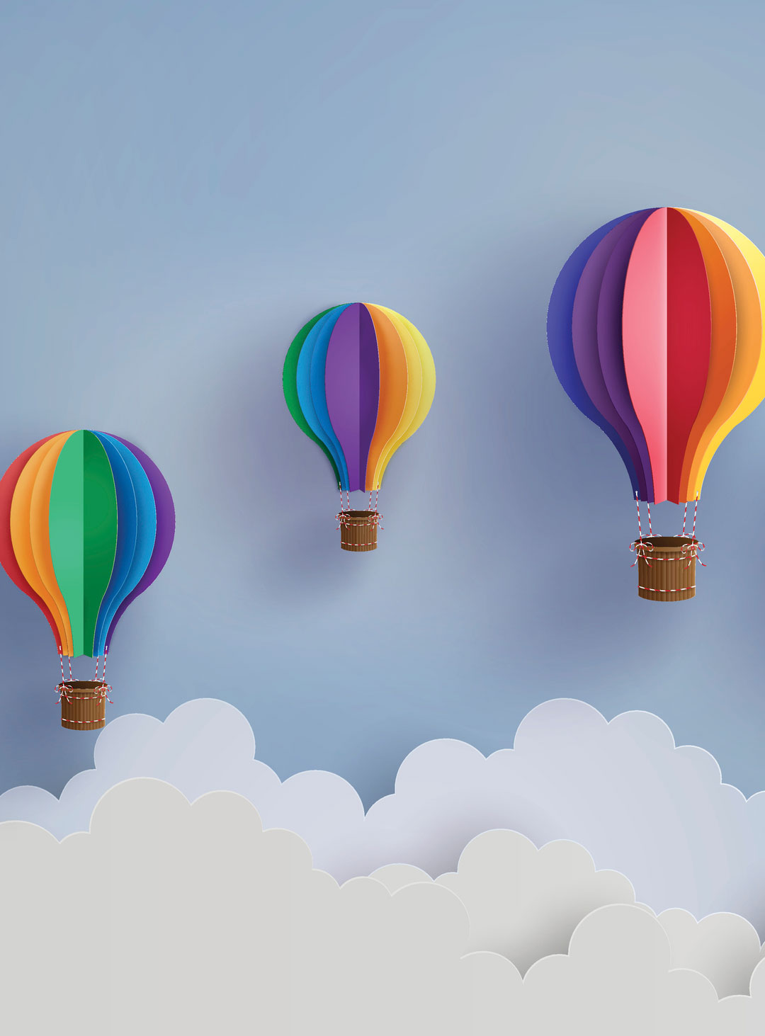5 rainbow coloured paper hot air balloons floating in the clouds