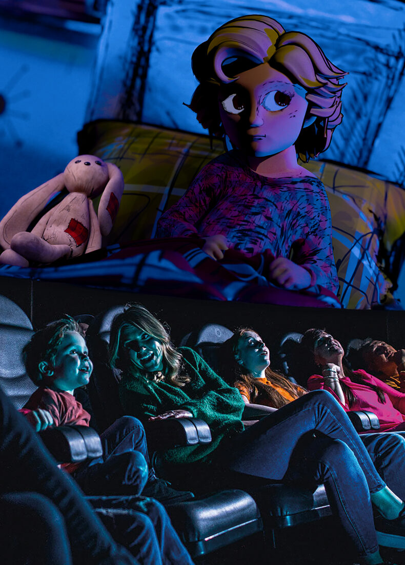 Family in Life Science Centre Planetarium looking up at animated girl in bed with bunny in Bump in the Night show.
