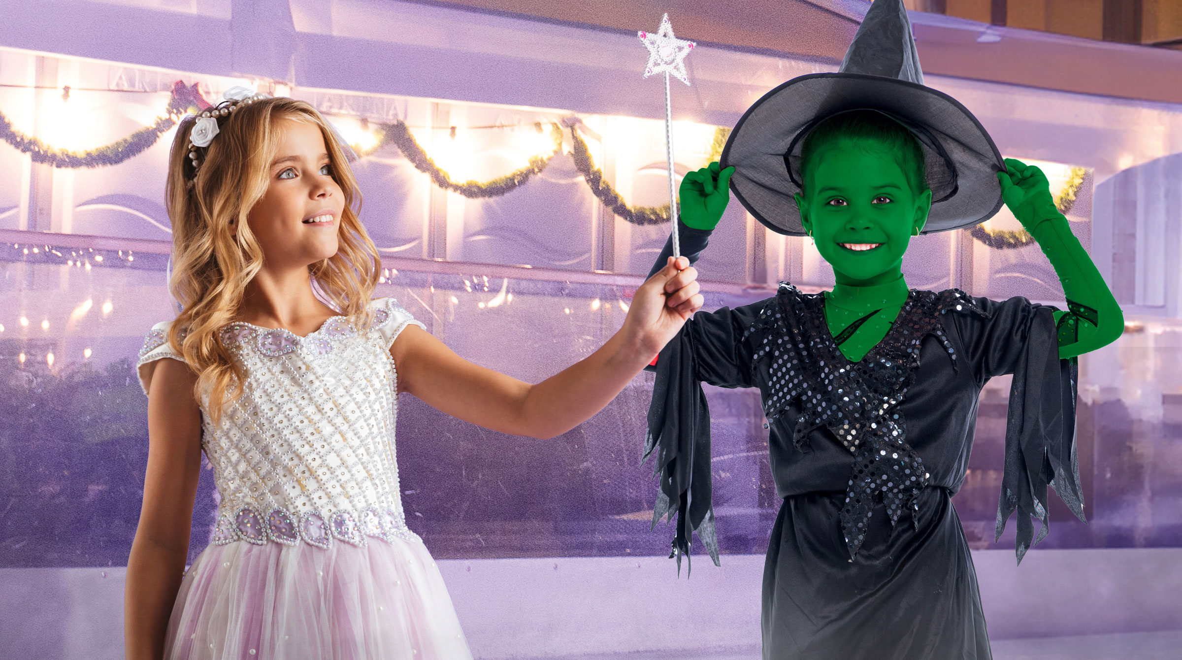 Children dressed as Glinda and Elphaba from the movie Wicked on Life Science Centre's ice rink.