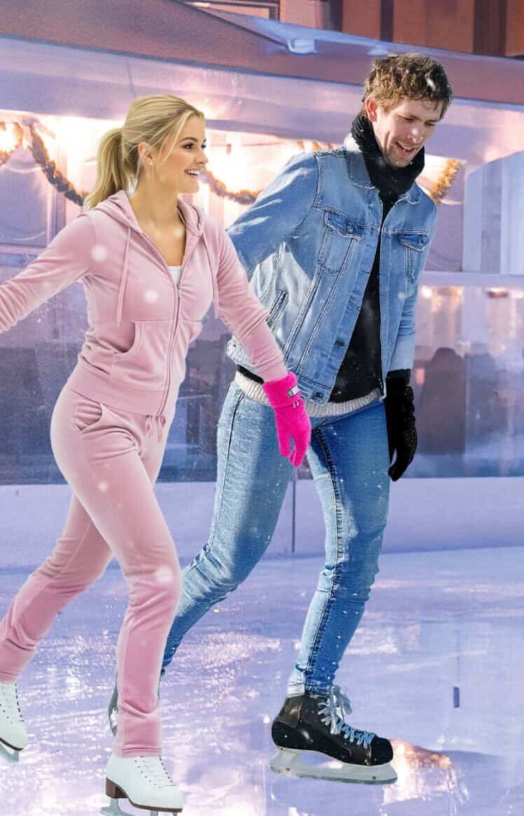 Couple dressed in noughties inspired clothing on Life Science Centre ice rink in Newcastle. The woman is wearing a pink tracksuit whilst the man is in double denim.