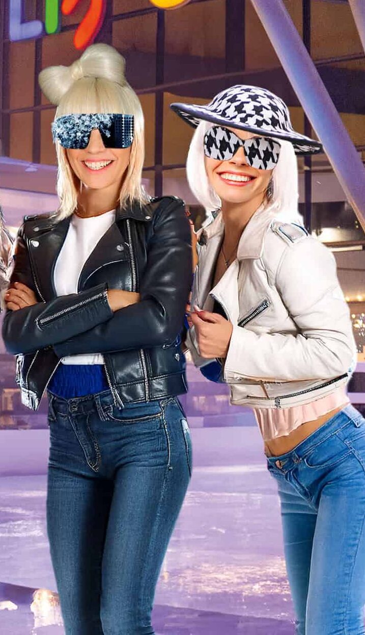 Women dressed as Lady Gaga on Life Science Centre's outdoor ice rink in Newcastle.