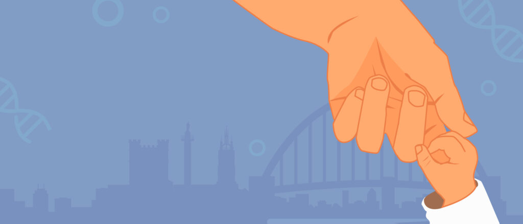 Baby holding adults hands with illustrated Newcastle backdrop in blue.