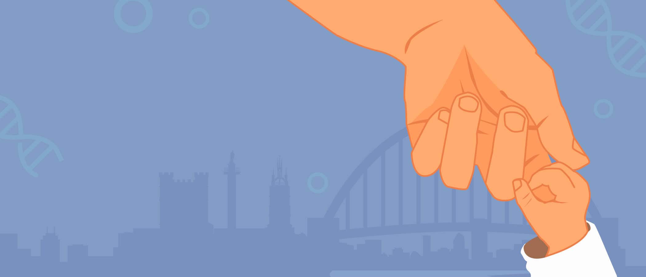 Baby holding adults hands with illustrated Newcastle backdrop in blue.