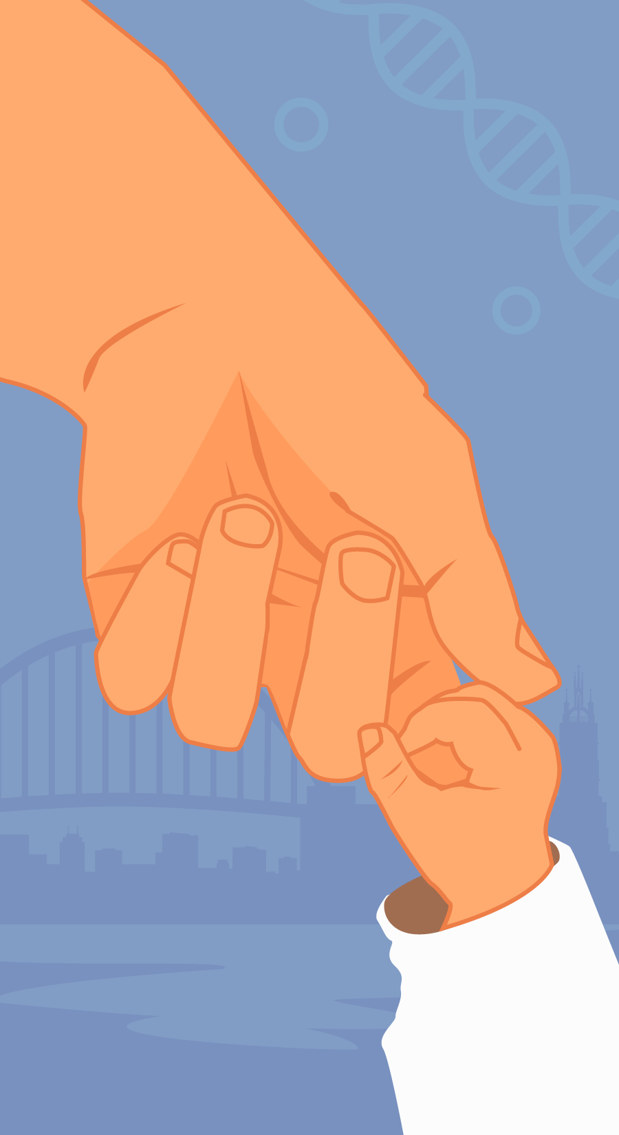 Baby holding adults hands with illustrated Newcastle backdrop in blue.