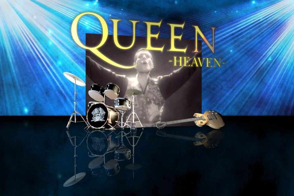 Freddie Mercury pictured with musical instruments and text overlay reading Queen Heaven