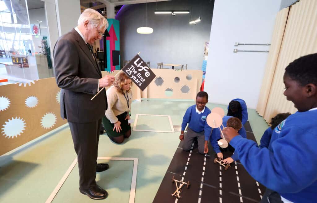 HRH Duke of Gloucester meets schoolchildren from Lemington Riverside School in Newcastle, and begins a race of pupils’ vehicles made in Life Science Centre’s Making Studios