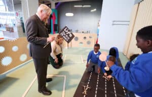 HRH Duke of Gloucester meets schoolchildren from Lemington Riverside School in Newcastle, and begins a race of pupils’ vehicles made in Life Science Centre’s Making Studios