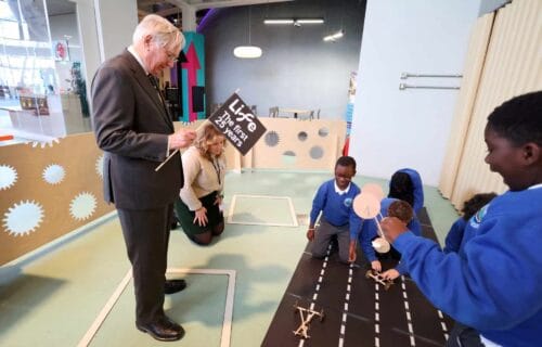 HRH Duke of Gloucester meets schoolchildren from Lemington Riverside School in Newcastle, and begins a race of pupils’ vehicles made in Life Science Centre’s Making Studios