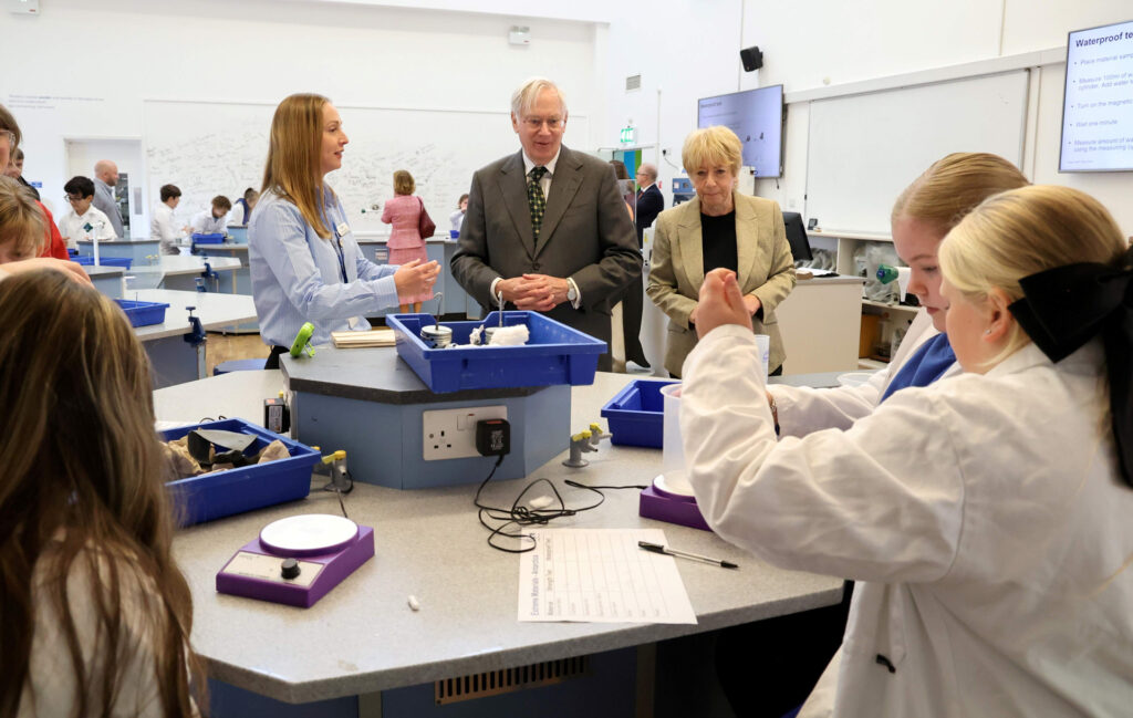 HRH Duke of Gloucester (centre) with Life Chief Executive Linda Conlon (right) and Life’s Head of Schools and Community Engagement Francesca Nichols (left) meet pupils from Lemington Riverside School in Newcastle, taking part in a school workshop