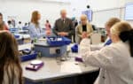 HRH Duke of Gloucester (centre) with Life Chief Executive Linda Conlon (right) and Life’s Head of Schools and Community Engagement Francesca Nichols (left) meet pupils from Lemington Riverside School in Newcastle, taking part in a school workshop