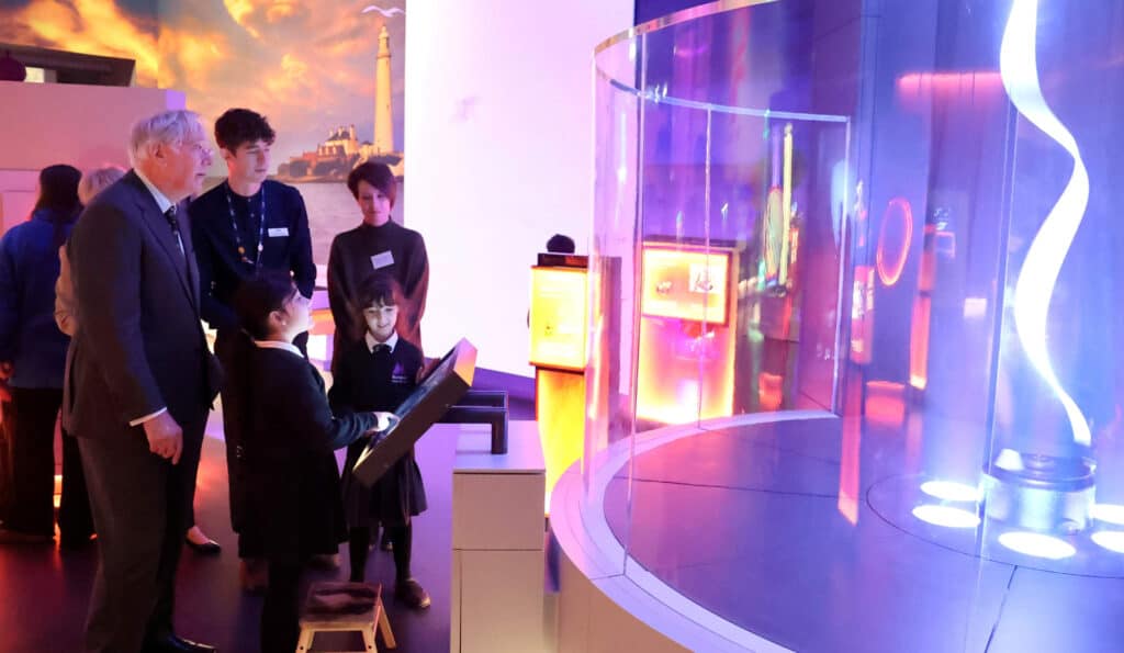 HRH Duke of Gloucester (left) with Life’s Contemporary Science Manager Ben Rutherford-Orrock (centre) and Moorside School teacher Rachel Kilmartin (right) in Lightbox, Life’s new interactive exhibition to celebrate its 25th birthday.