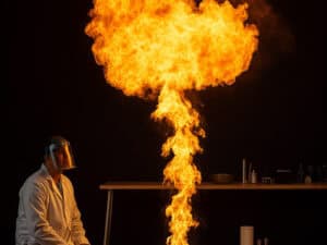 A man in a visor and a lab coat looks up at a ball of fire he has made in an exxperiment.