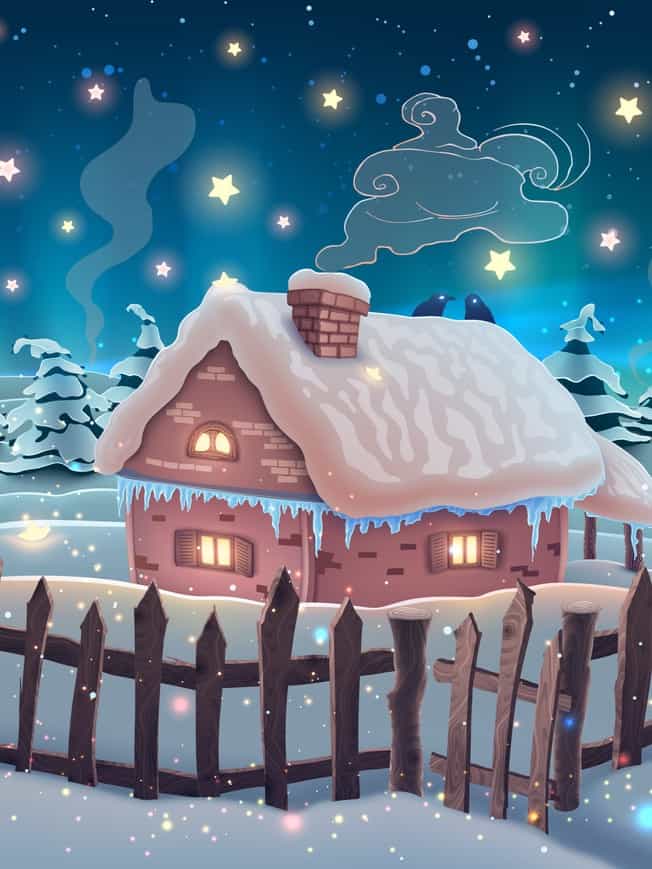 A snowy cottage at night, surrounded by stars and a wooden fence