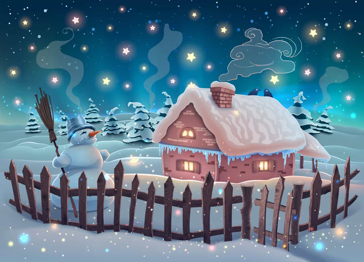Image of winter night landscape, with a small snow-covered cottage and a snowman behind a wooden fence.