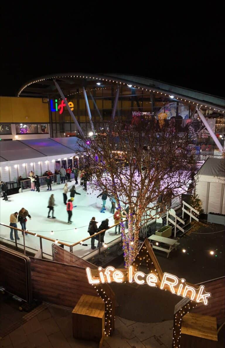 Overhead drone photo of Newcastle's outdoor ice rink in front of Life Science Centre.
