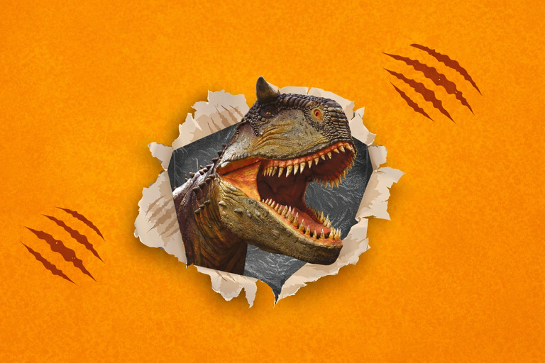 Dinosaur bursting out of an orange page with scratch marks