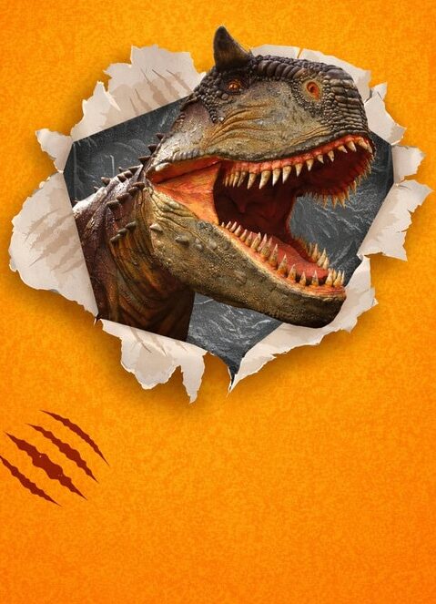Dinosaur bursting out of an orange page with scratch marks