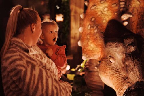 Little Girl Being Held By Mum Looking Amazed At A Stegasaurus.