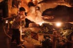 Little boy looking excited next to a moving animatronic T. rex