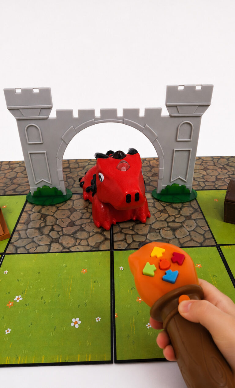 A cartoon draggon toy with a remote control being pointed at it in a cartoon castle setting.